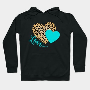 Cheetah Leopard with Turquoise Hearts and Love Text Hoodie